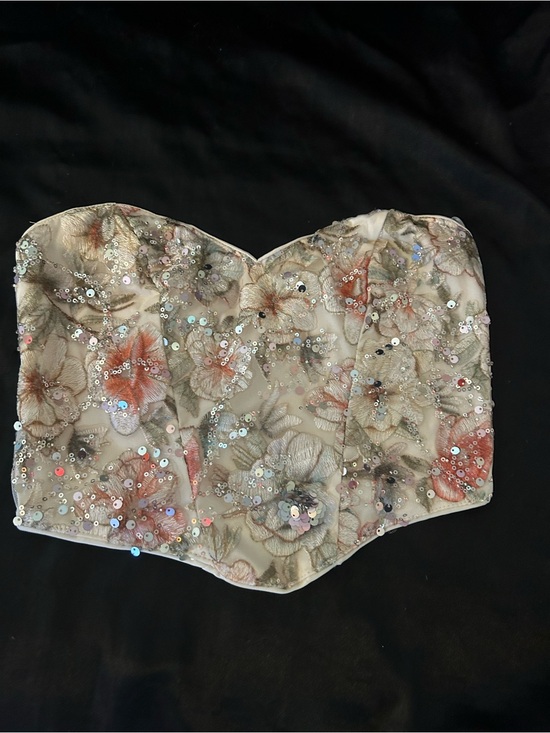 privy Tops - Beautiful Strapless Floral Sequin Corset Top - Neutral Blush